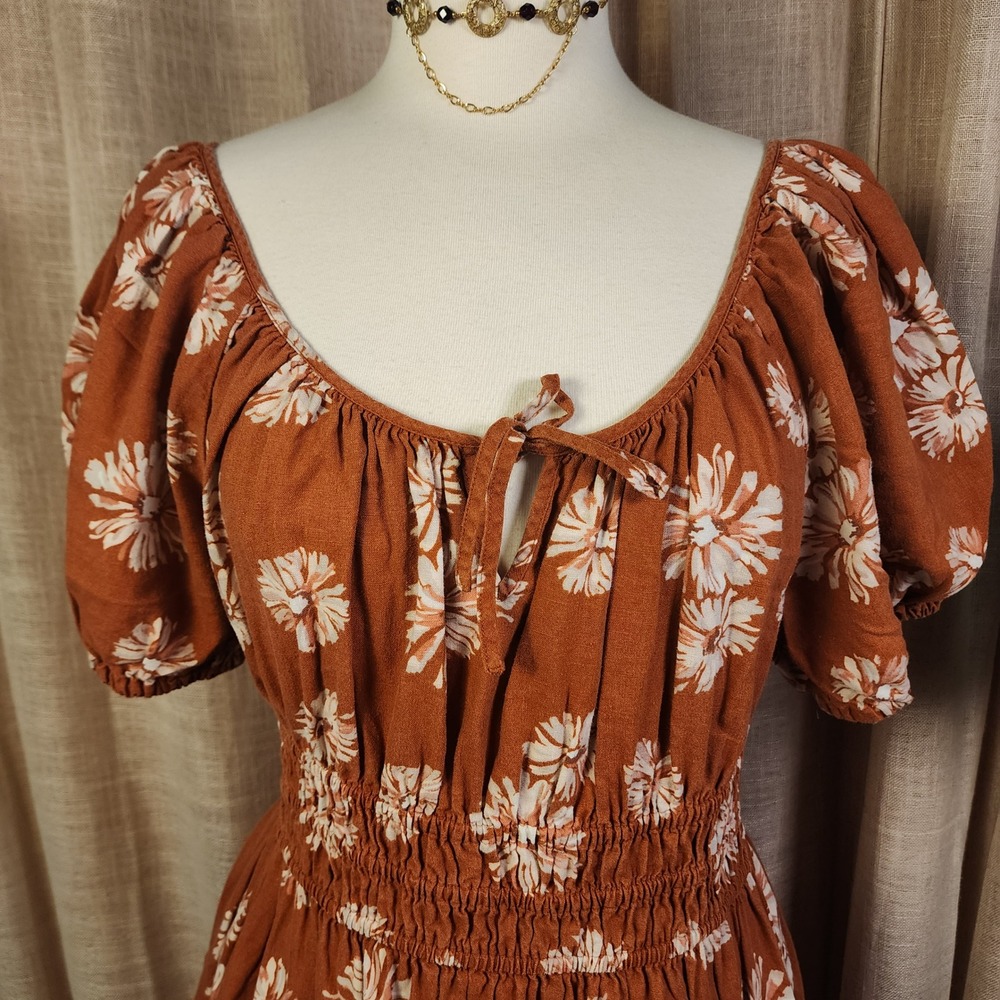 Madewell XL Linen Blend Floral Dress Puff Sleeve Smocked Waist Cottagecore - Picture 2 of 10